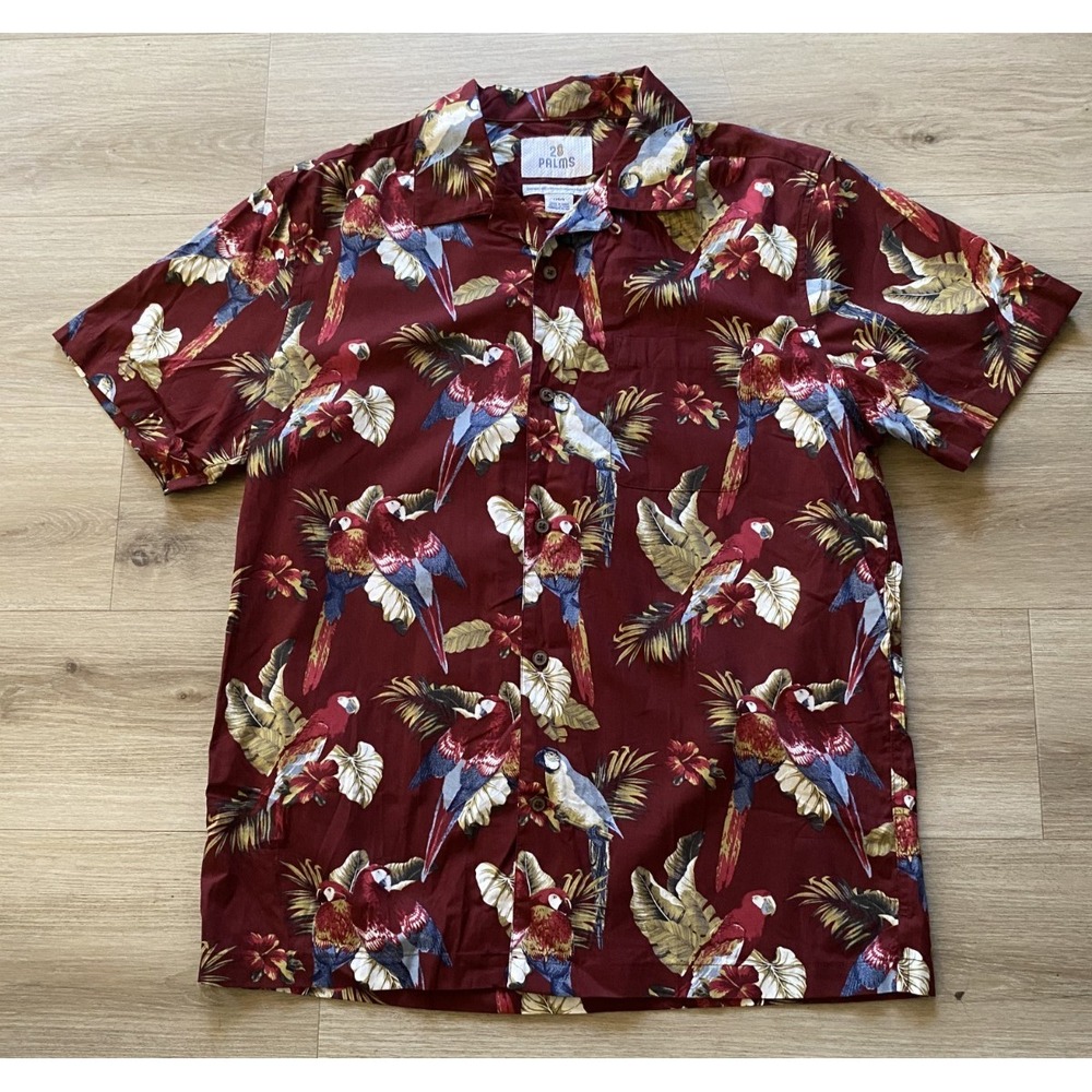 28 Palms Mens L Hawaiian Shirt Burgundy Tropical Floral Parrot Button Up L/G/G